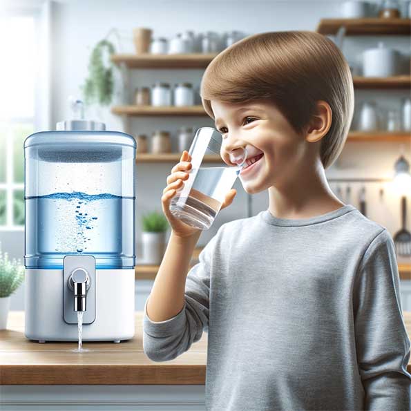 اینجا یک تصویر است که یک کودک در حال نوشیدن آب از یک لیوان است که از یک سیستم تصفیه آب خانگی پر شده است. این صحنه در یک آشپزخانه مدرن قرار دارد، با تصفیه کننده آب یا قابل مشاهده بر روی کانتر یا نصب شده زیر سینک، که اهمیت و مزایای استفاده از سیستم های تصفیه آب برای سلامت را روشن می کند. (این تصویر واقعی نیست و توسط هوش مصنوعی تولید شده است)