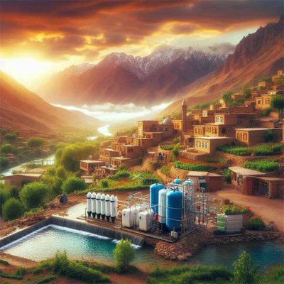 طراحی و ساخت انواع سیستم های تصفیه آب صنعتی برای صنایع در استان آذربایجان شرقی (این تصویر یک روستا را پس از مراحل اتمام و راه اندازی دستگاه تصفیه آب صنعتی نشان میدهد که توسط هوش مصنوعی تولید شده است)